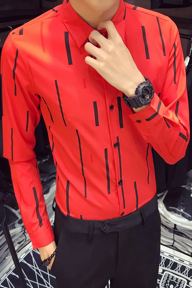 

Print Men Stripe Shirt Fashion Long Sleeve Slim Fit business casual men's banquet Night Club Dress Shirts Male Plus Size 5xl