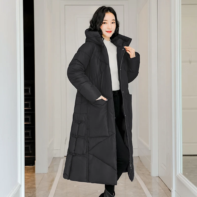 

Women Amy Green Oversize Long Parkas Thick 2020 Winter Long Sleeve Buttons Pockets Female Warm Coat
