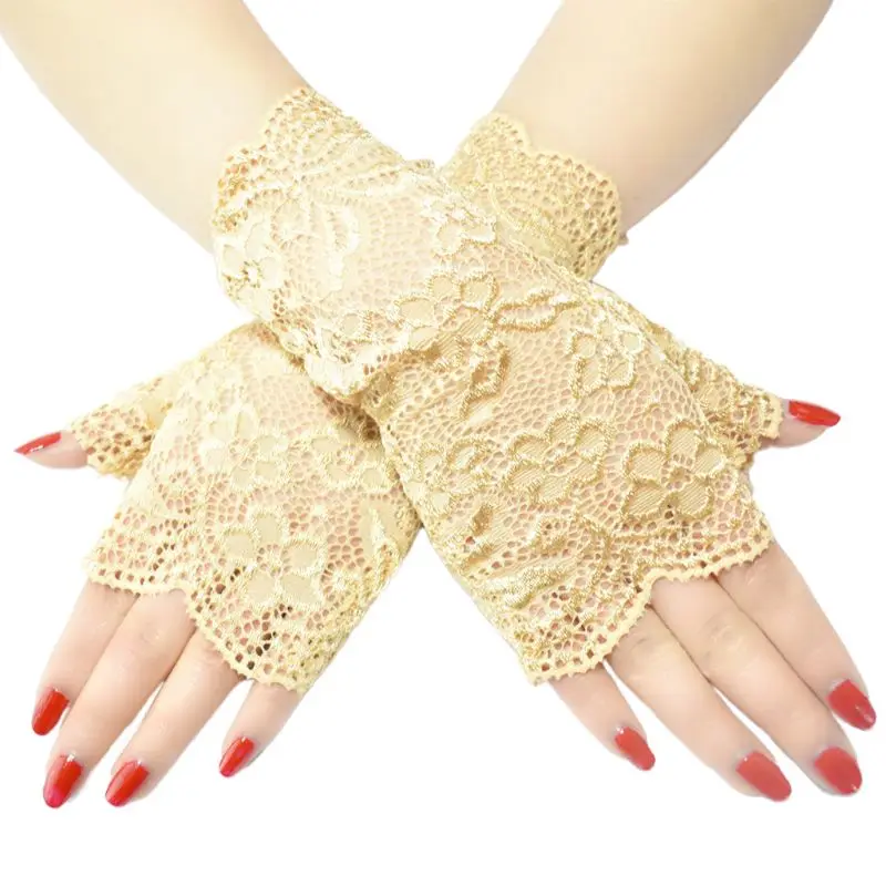 

Женские свадебные прозрачные сетчатые перчатки без пальцев жаккардовые Цветочные кружевные блестящие варежки 83XF