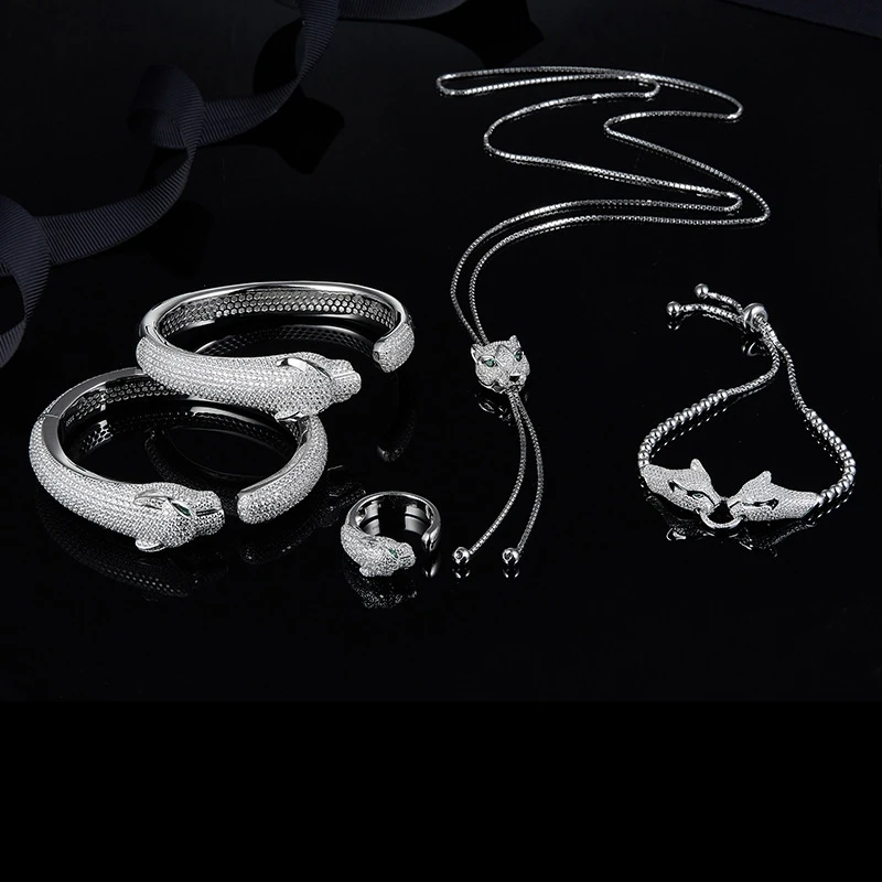 

Solid 925 Sterling Silver Leopard Animal Long Necklace Paved AAA Zircon Panther Charm Chain Hot Women Men Party Sweater Jewelry
