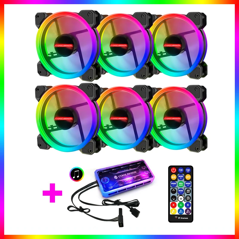 Coolmoon ARGB Fan 120mm Case Fan 6 Kit Fan with Music Controller Support AURA SYNC Computer Cooler Cooling RGB Case Fans