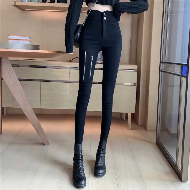 

2021 spring autumn new elastic zipper leggings large size pants trousers slim pants black feet pants women's pencil pants