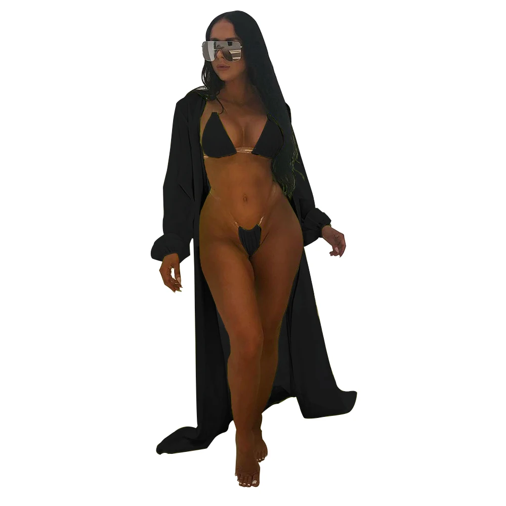 Женский летний пикантный пляжный однотонный плащ с длинным рукавом и V-образным