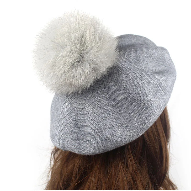 Женский теплый берет Minhui из натурального Лисьего меха зимняя шапка с помпоном