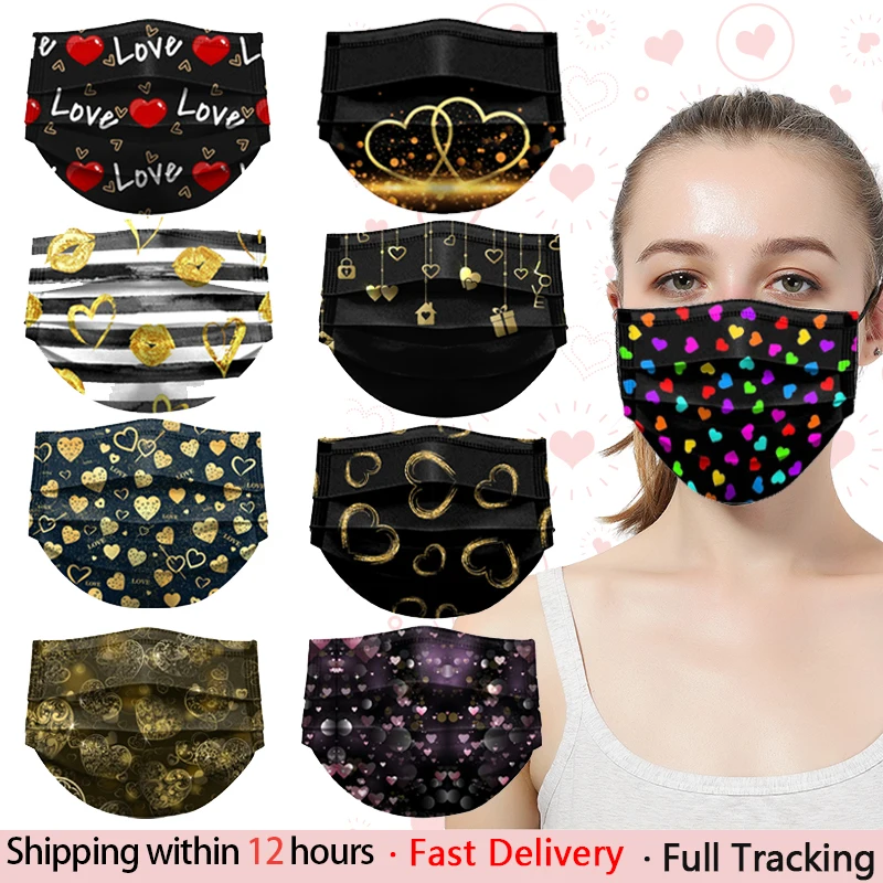 

10-50 Pc Cute Loving Disposable Surgical Mask Face Mouth 3 Ply Colorful Adult Black Mask Protective Pattern Masque Medical Masks