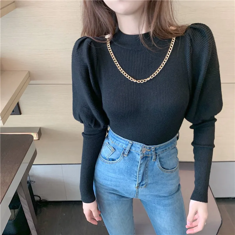 Свитер в стиле ретро с пышными рукавами новинка 2020 Женская Удлиненная водолазка