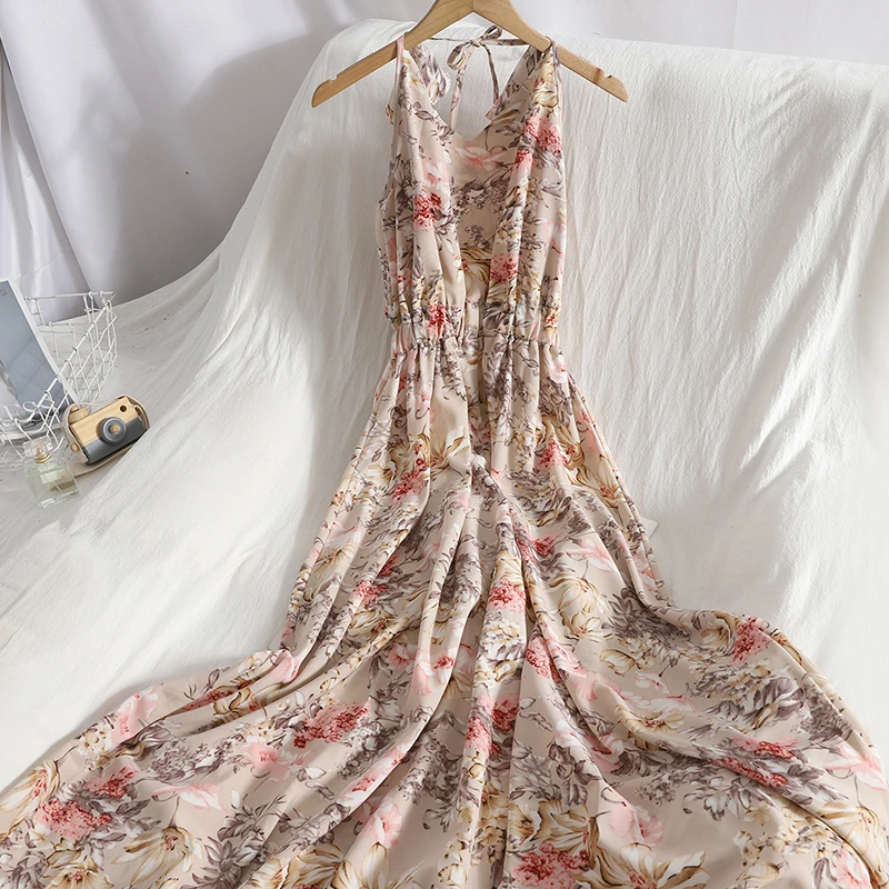 

FTLZZ A Line V Neck Sleeveless Sexy Chiffon Pullover Mid-Calf Women Dresses Summer New Casual Slim Floral Print Lady Dress