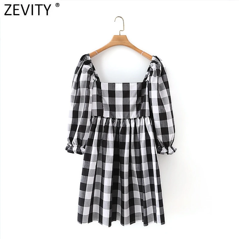

Zevity Новый 2021 для женщин в винтажном стиле, квадратный воротник плед печати мини платье с рукавом «три четверти» шик оборками вечерние Vestido ...