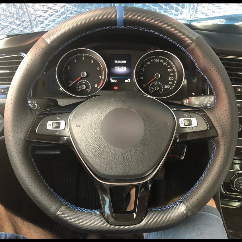 Черная кожаная крышка рулевого колеса из углеродного волокна для Volkswagen VW Golf 7 Mk7 New Polo Jetta Passat B8 Tiguan Sharan