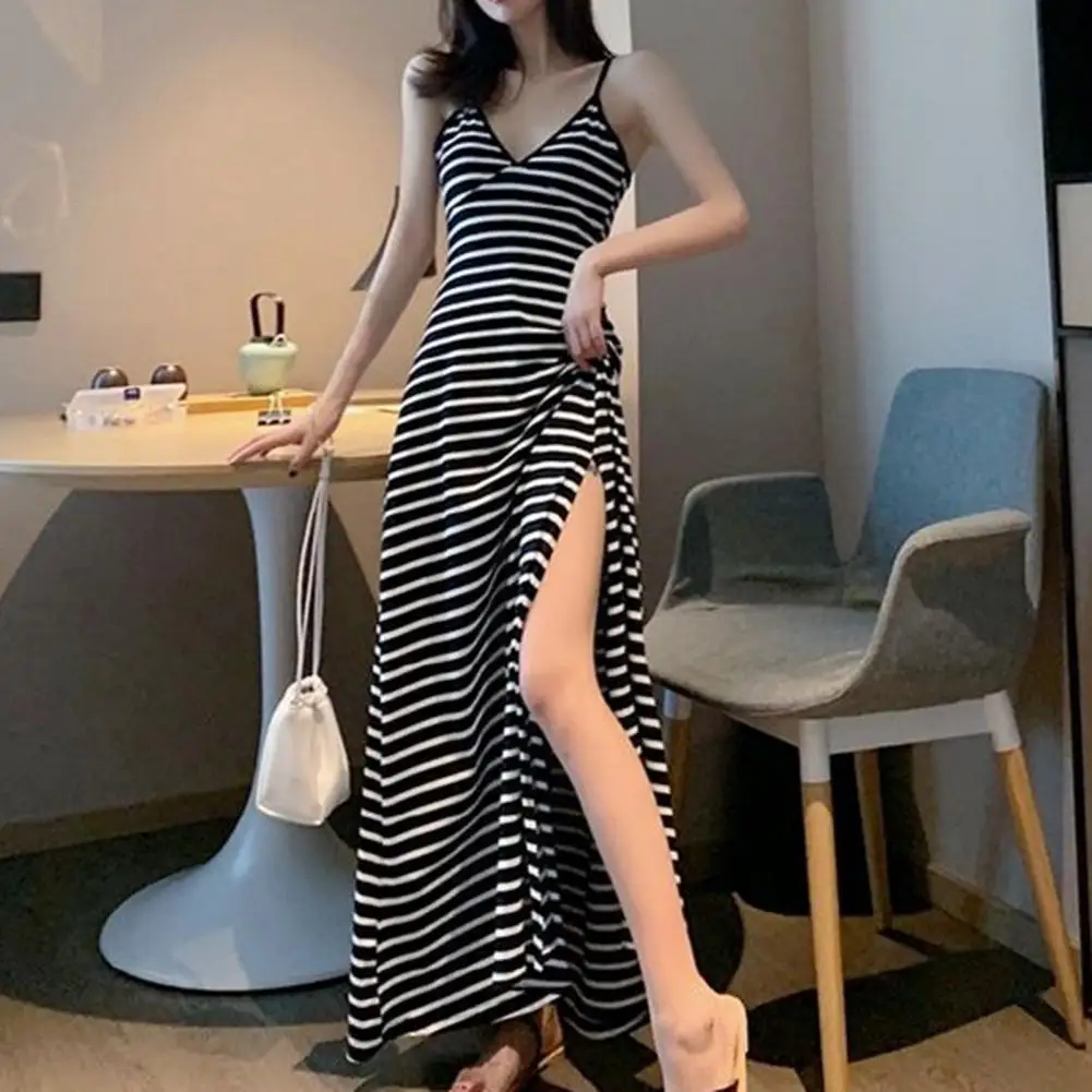 

2021 New Style Fashion Summer Bodycon Long High Split Dress Suspender Sexy Deep V-neck Retro Long Black Stripe Large Hem Dress