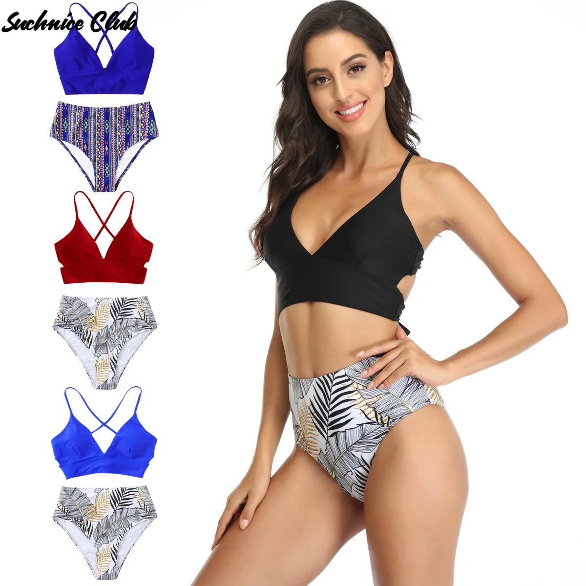 

Sexy Printed High Waist Bikini Summer Multicolor Backless Cross-tie Split Swimsuit Bikini Set