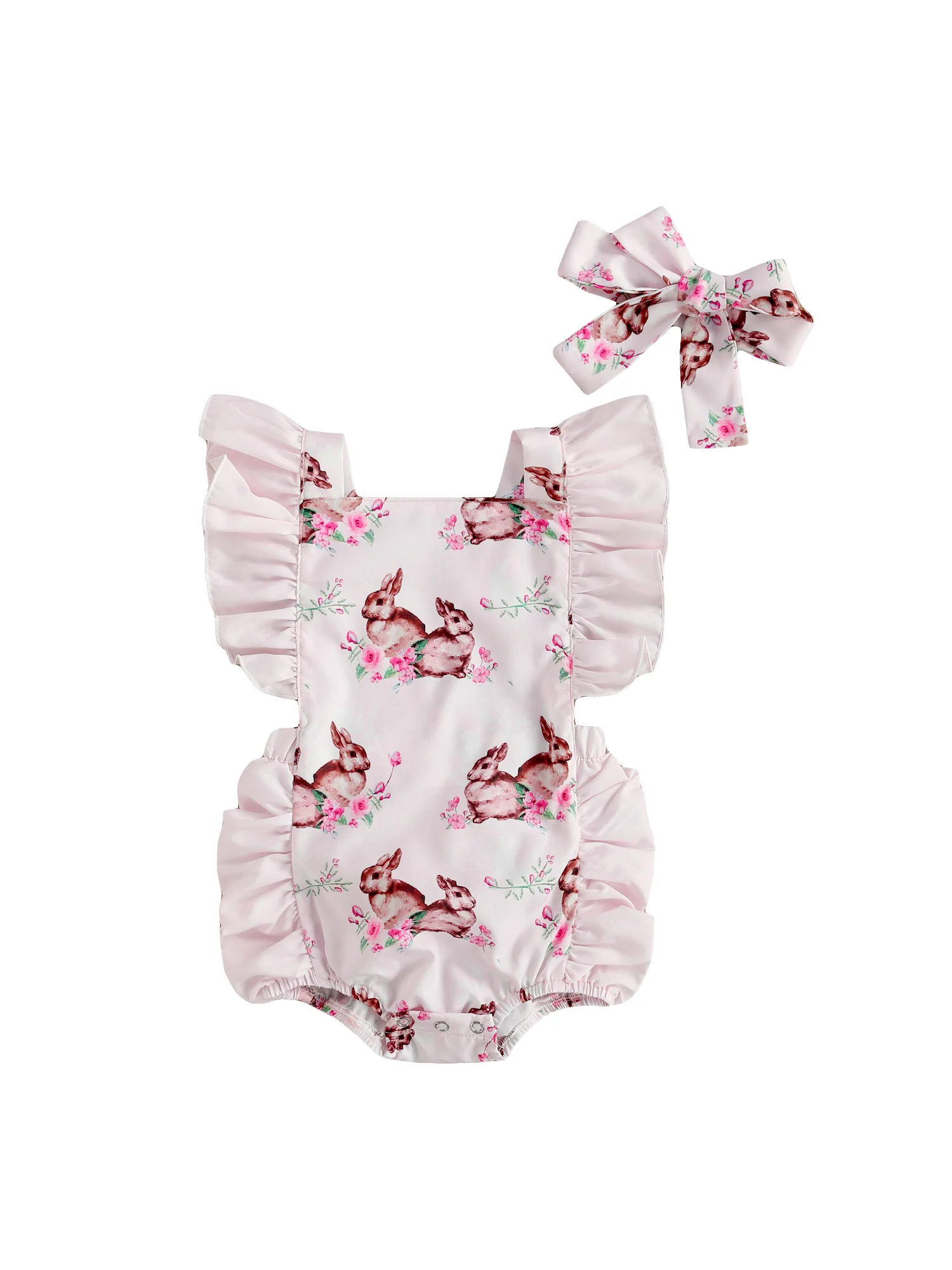 

Повседневный костюм для маленьких девочек, эластичный комбинезон с квадратным вырезом и мультяшным принтом кролика и оборками, повязка на ...