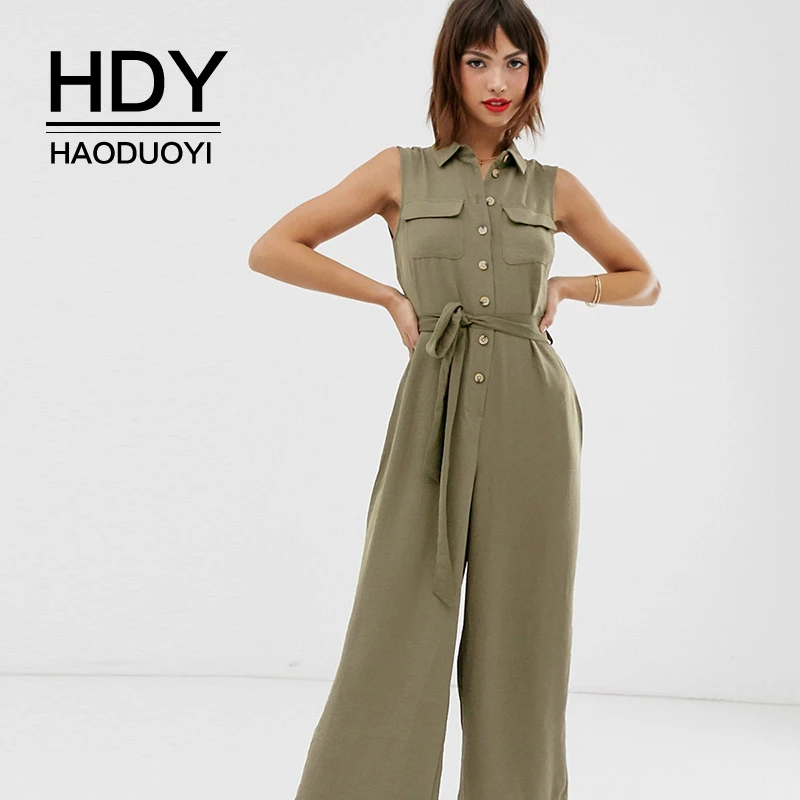 HDY Haoduoyi стильный женский комбинезон на пуговицах со шнуровкой цвета хаки