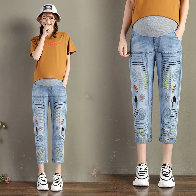 Брюки для беременных с вышивкой повседневные свободные хлопковые брюки до