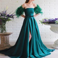 sexy 2021 green off shoulder satin evening dresses feathered half sleeves high slit a line prom dresses formal evening gowns