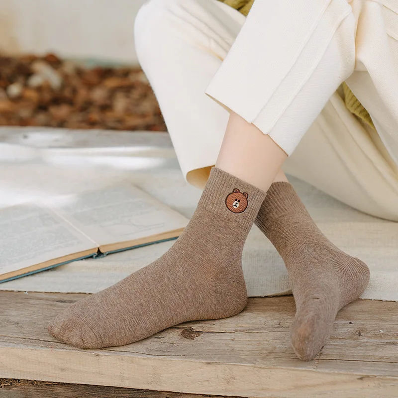 Модные женские блестящие носки в стиле Харадзюку с медведем однотонные японские