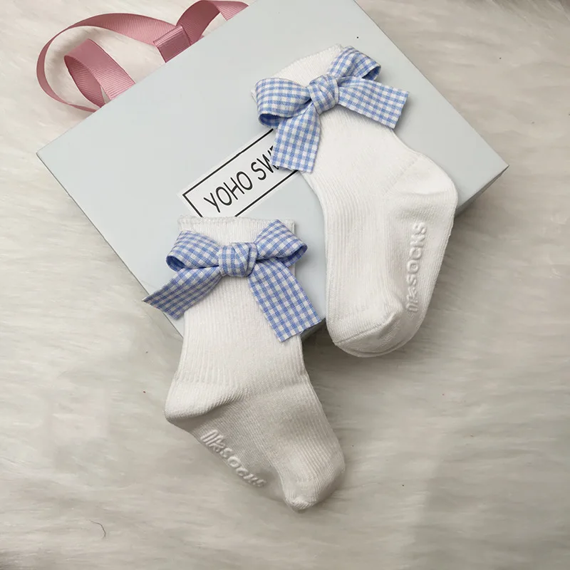 Calcetines de algod&oacute;n para beb&eacute;s y ni&ntilde;as, medias antideslizantes de tubo liso puro con lazo, primavera de 2021-5