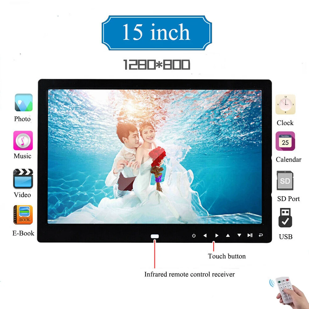 

15 Inch 1280x800 HD Digital Photo Frame Touch Screen Smart Picture Frame Mult-Media Player MP3 MP4 Alarm Clock Album with Holder