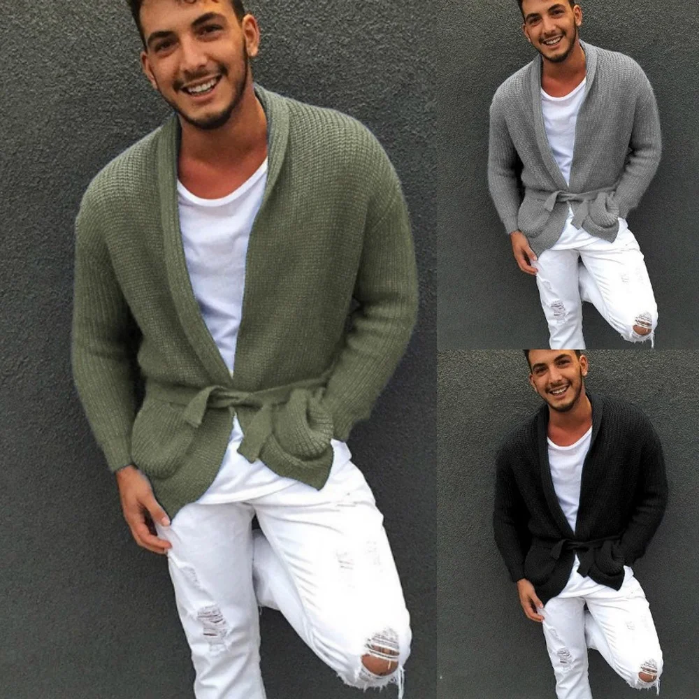Cardigan For Men With Belt Casual Streetwear Knitted Sweater Coat Fashion Clothing 2021 Solid Color | Мужская одежда