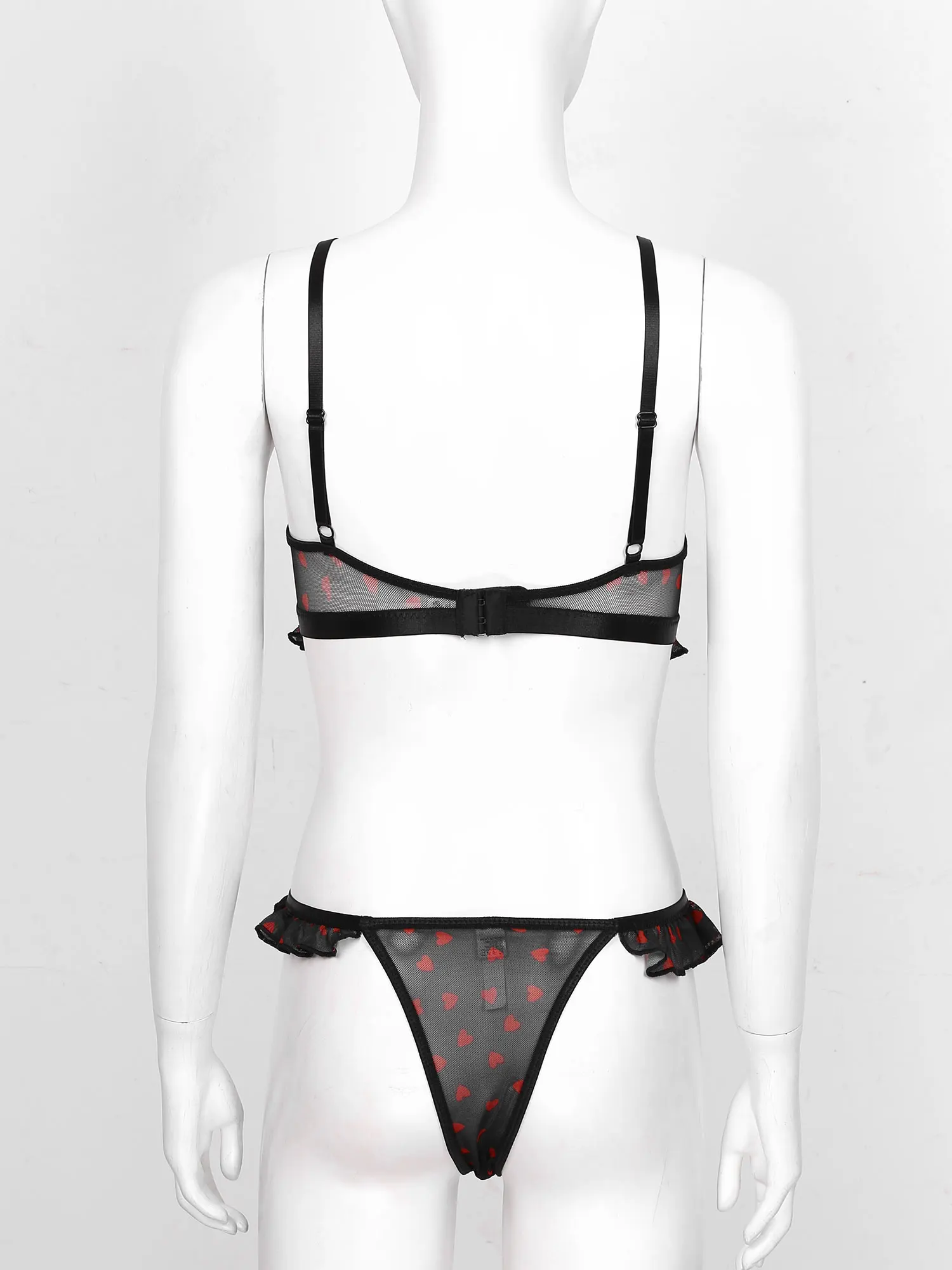 

Women's Underwear Sexy Heart Prints Lingerie Set See-Through Mesh Hollow Out Bikini Under-wired Bra with T-back Briefs