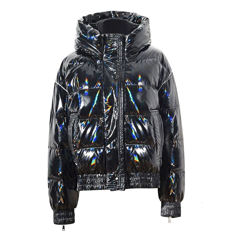 

ZURICHOUSE Women's Down Jacket Winter Warm Hooded Down Parka 2021 Loose Fit Fashion Laser Glossy White Duck Down Coat