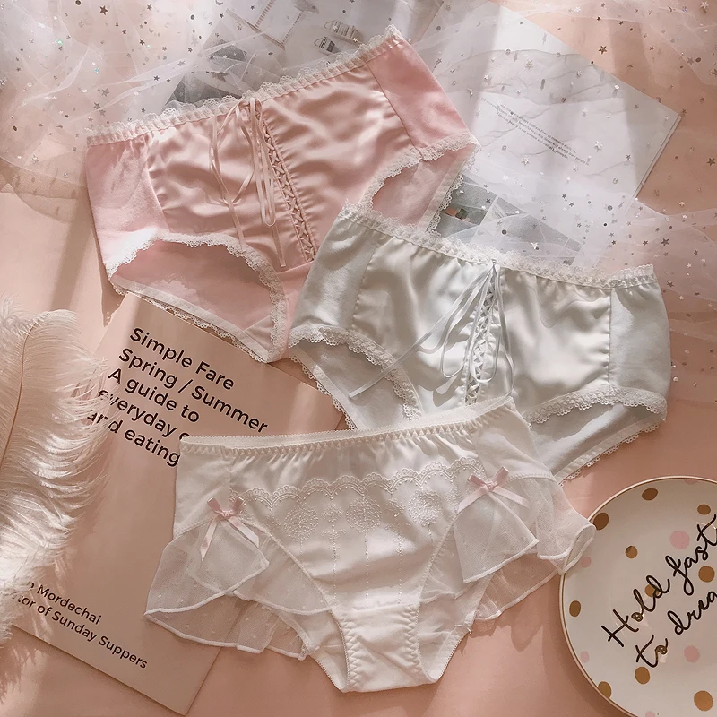 B 3 шт., японские милые Лолиты для девочек, Kawaii Nets, пряжа с бантом, кружевные трусы принцессы с рюшами, Трусы средней длины, маленькое сказочное нижнее белье, трусы - Цвет: B