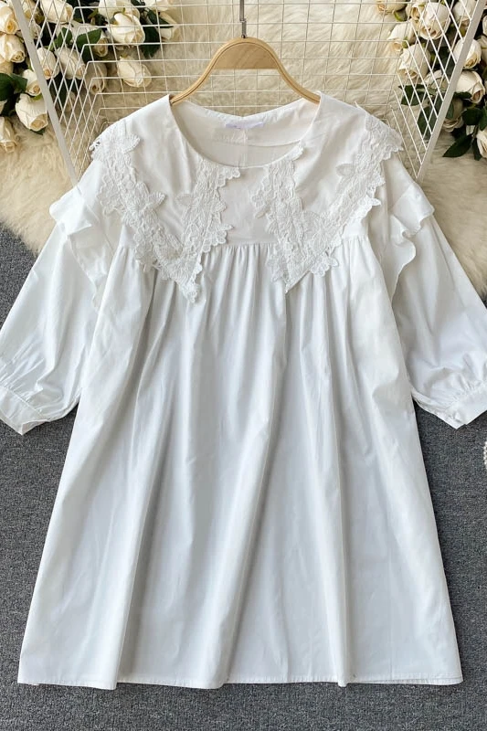 

SuperAen Retro Court Style Peter Pan Collar Lace Puff Sleeve Loose Slim Solid All Match White Top Blouse Women