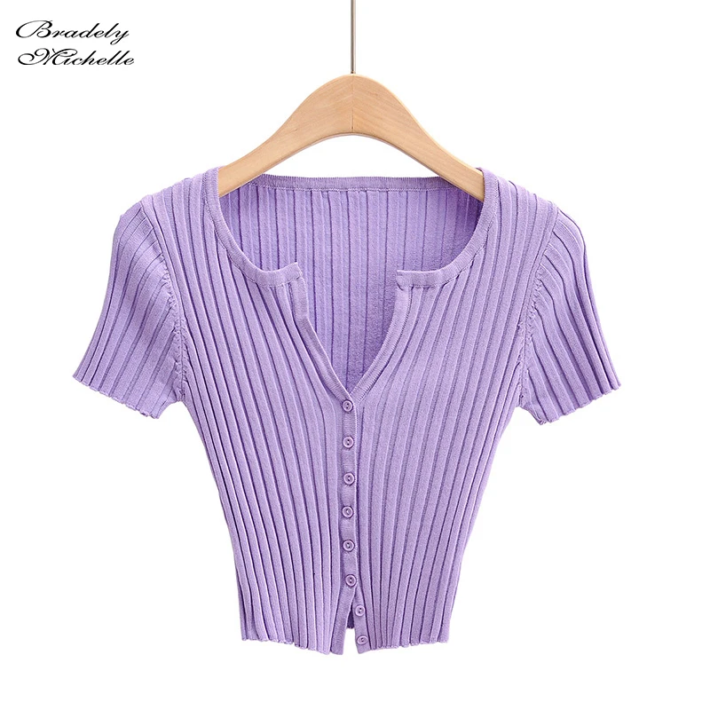 BRADELY MICHELLE Women Fashion Streetwear Short-Sleeve Cardigans with Single Breasted Big Elastic Knitted Thin Sweater Crop Tops |