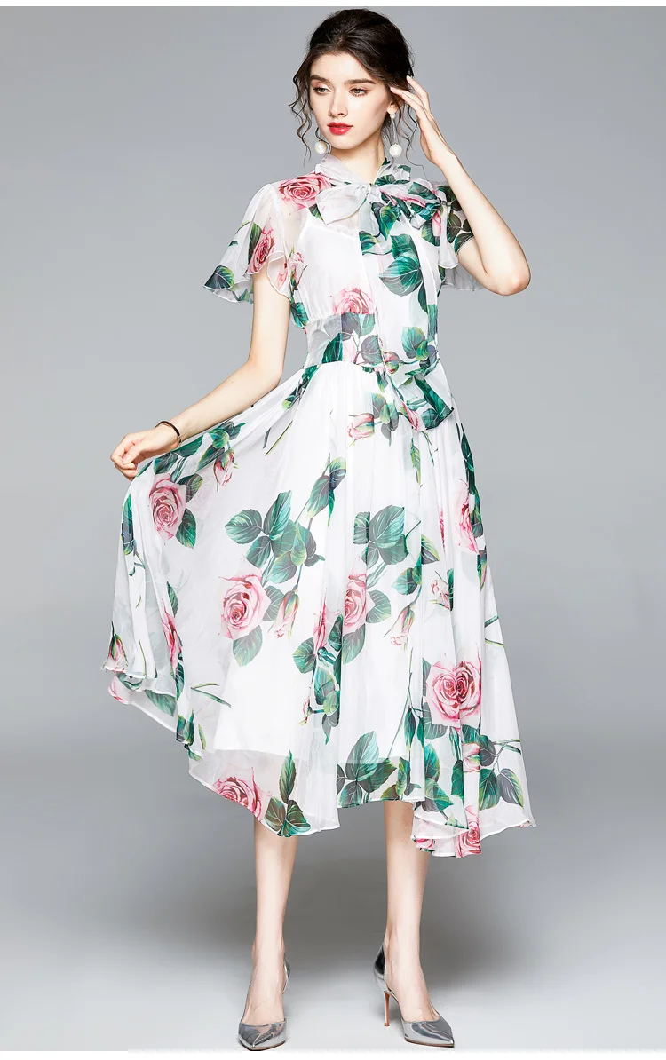 

2021 New Summer Elegant Casual Printed Chiffon Dress Female Women High Quality Short Sleeve Floral Holiday Dress Female Vestidos