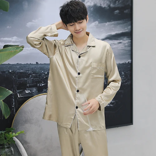 Sexy satin couple pajamas set Silk Pajamas For Women and men Lovers long sleeved autumn Pyjamas Sleepwear Sets Pijama Mujer - Цвет: 8106xbing