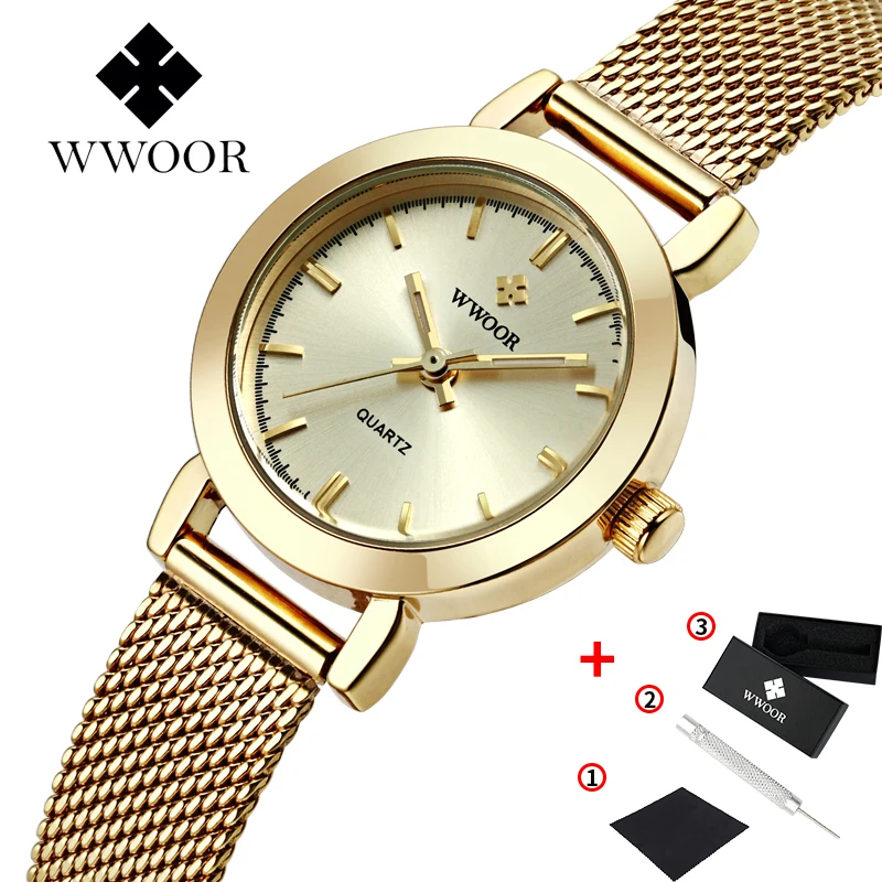 WWOOR Rose, модные женские часы, Роскошные, новые, часы для женщин, водонепроницаемые, женское платье, повседневные, сетчатый ремешок, кварцевые часы для женщин, подарки для женщин - Цвет: 8823Gold