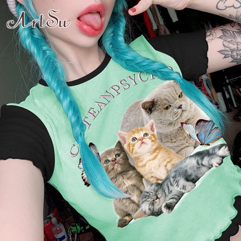 Арцу принтом в виде кошачьей мордочки Cat футболка с короткими рукавами для женщин