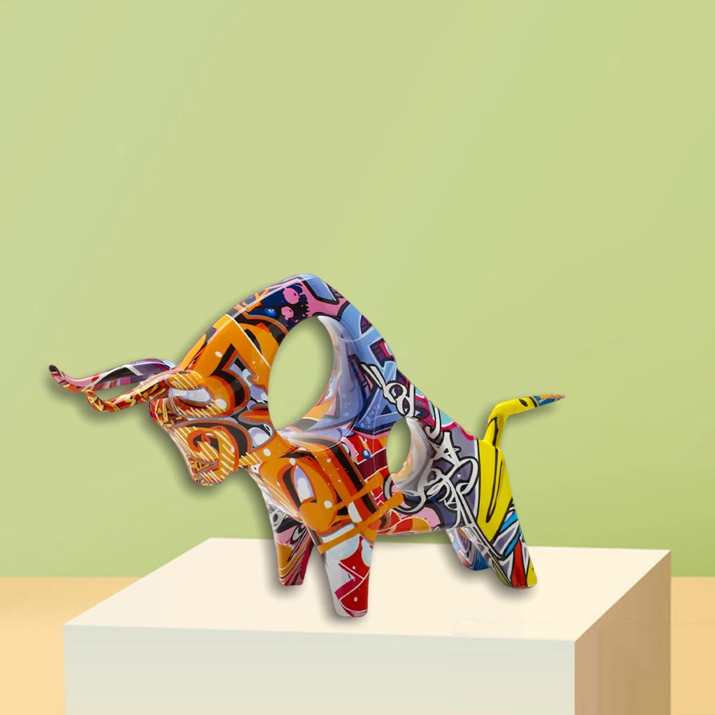 Ox Figurine Graffiti Bull Sculpture Desk Ornament Cattle Statue for Hotel Home | Figurines &amp Miniatures