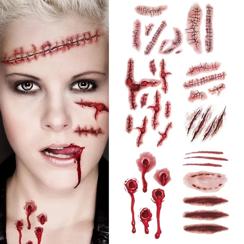 1pcs Halloween Zombie Scars Tattoos With Fake Bloody Makeup Halloween Decoration Wound Scary Blood Injury Tattoo Stickers images - 6