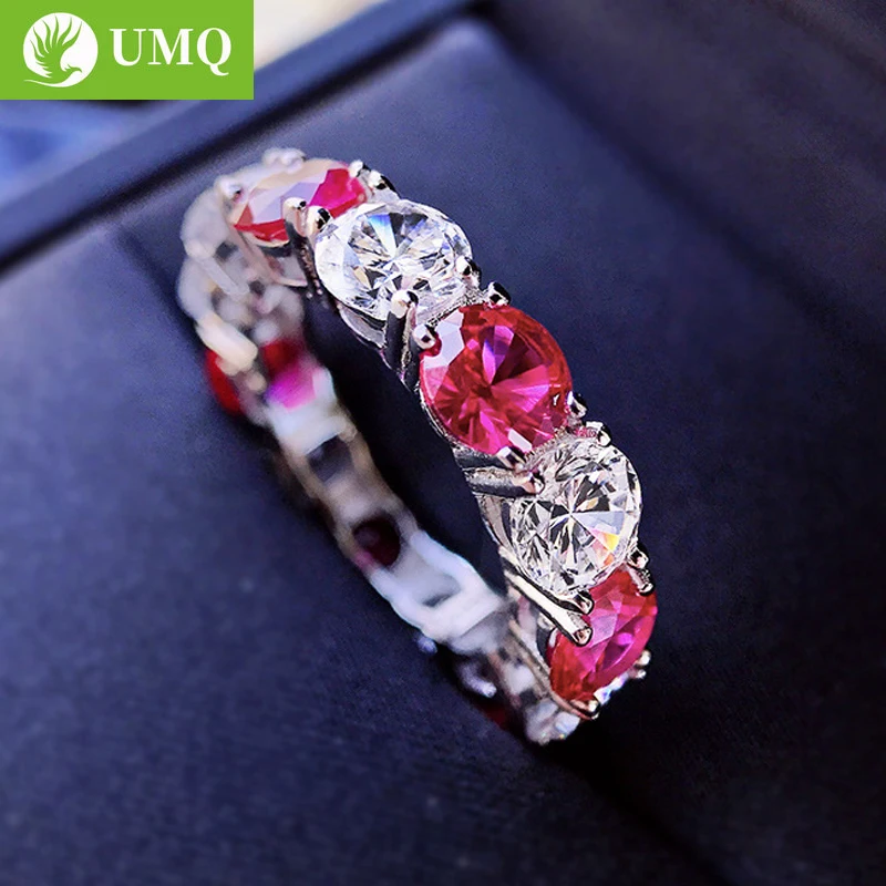 

UMQ 100% 925 Sterling Silver Sparkling 1 Row High Carbon Diamond Wedding Rings For Women Rubby Aquamarine Party Fine Jewelry
