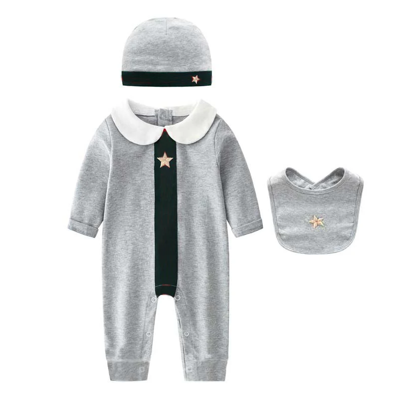 

New arrival Spring and autumn fashion brand style baby clothes Cotton long-sleeved patchwork romper hat and Bibs 3-piece set