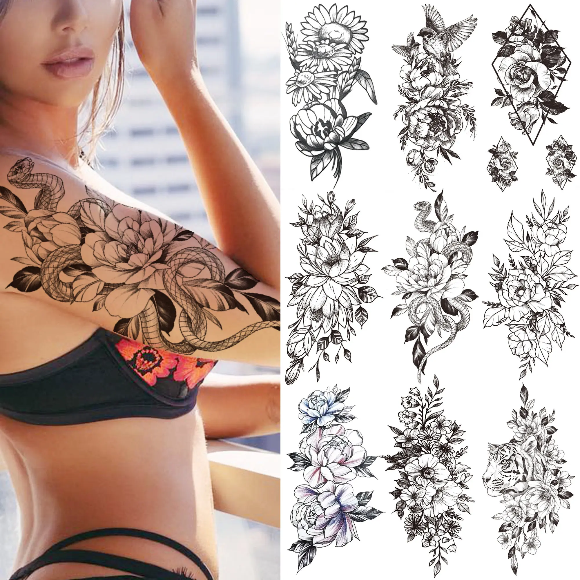 

DIY Snake Flower Temporary Tattoo For Women Girls Geometry Rose Black Peony Tattoos Sticker Tiger Fake Orchid Sexy Tatoo Armband