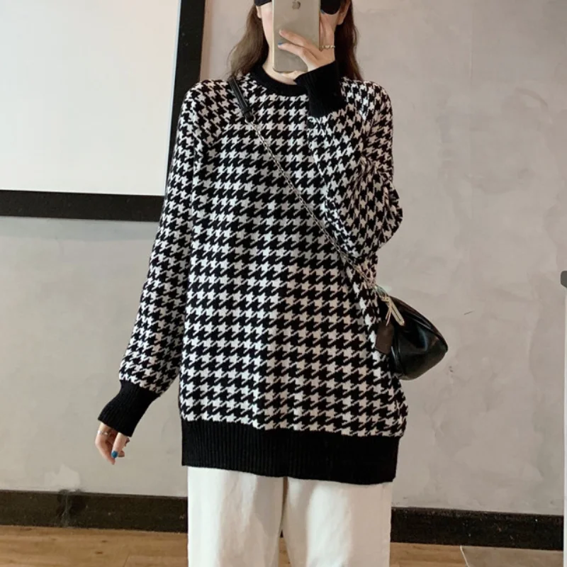 

Женский винтажный свитер с круглым вырезом, черный пуловер из твида с длинным рукавом, вязаный свободный джемпер большого размера на осень ...