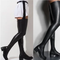 new womens low heel belt buckles elastic over ther knee boots female high knee boots large size leather shoes thigh boots