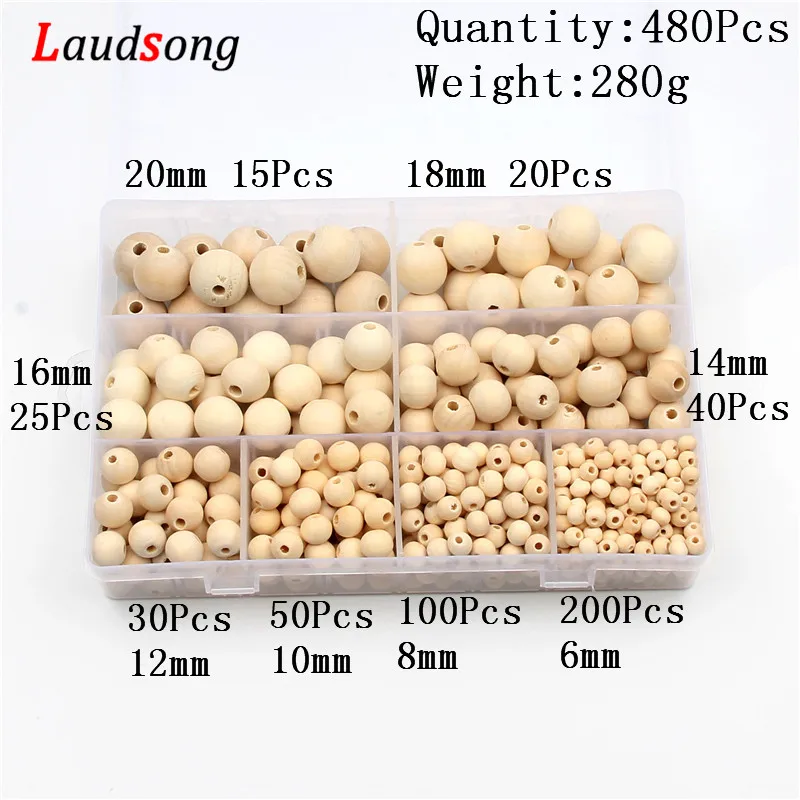 

480Pcs/Set Natural Round Loose Wooden Beads For Jewelry Making Diy Bracelet Necklace With Box Crystal Line Scissors