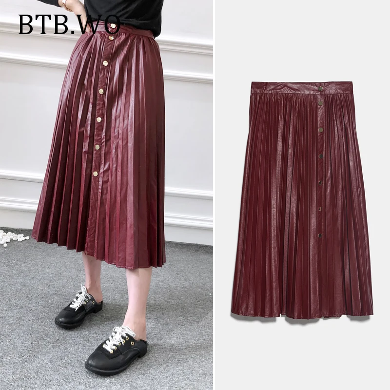 2019 осенние модные плиссированные женские юбки из искусственной кожи эластичная
