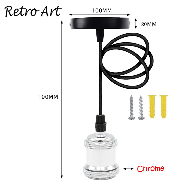 

Metal Lamp Socket With Fabric Cable E26 E27 Chrome Ceiling Rose Lamp Cord Set
