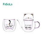 Креативная стеклянная чашка FaSoLa с двойными стенками в виде милого кота, двухслойная чашка для молока и кофе с 3D рисунком животного, индивидуальная кружка, заварочный чайник