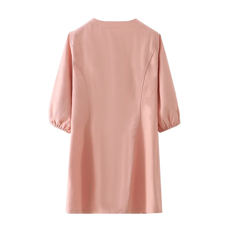 

Spring and summer women's casual solid color V-neck short-sleeved single-breasted dress