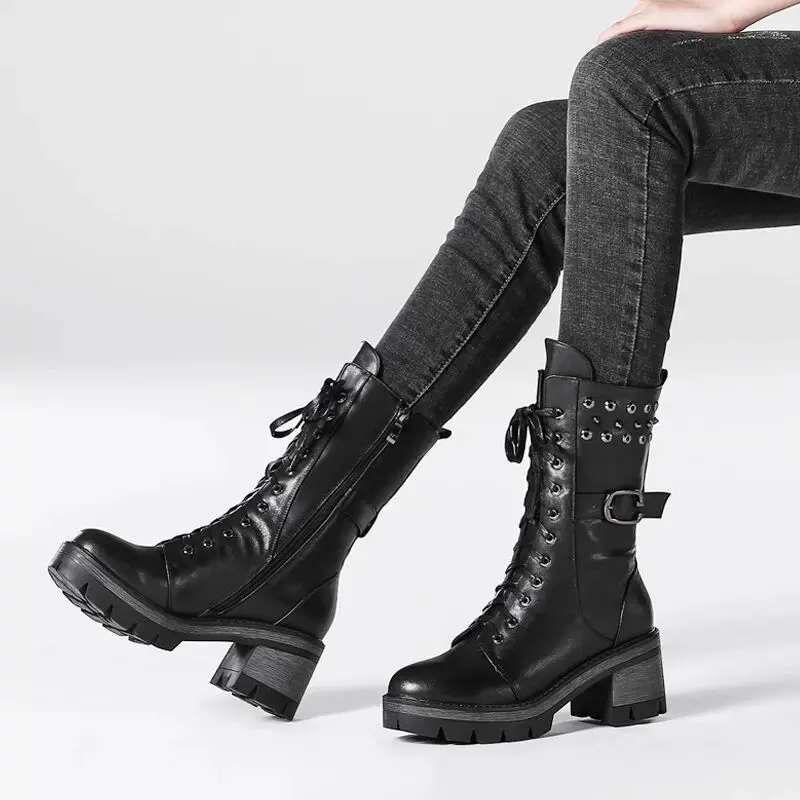 Autumn and Winter New Leather Women's Shoes Women's Boots Military Uniform Women's Roman Riding Cowboy Semi-platform Zipper Boot