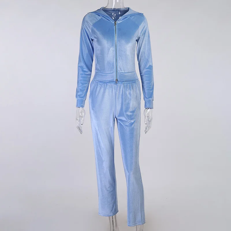 

2020 Sweatsuits for Women Tracksuit Two Piece Set Velour Women Blue Autumn Winter Crop Top Hoodie And Pants Outfits