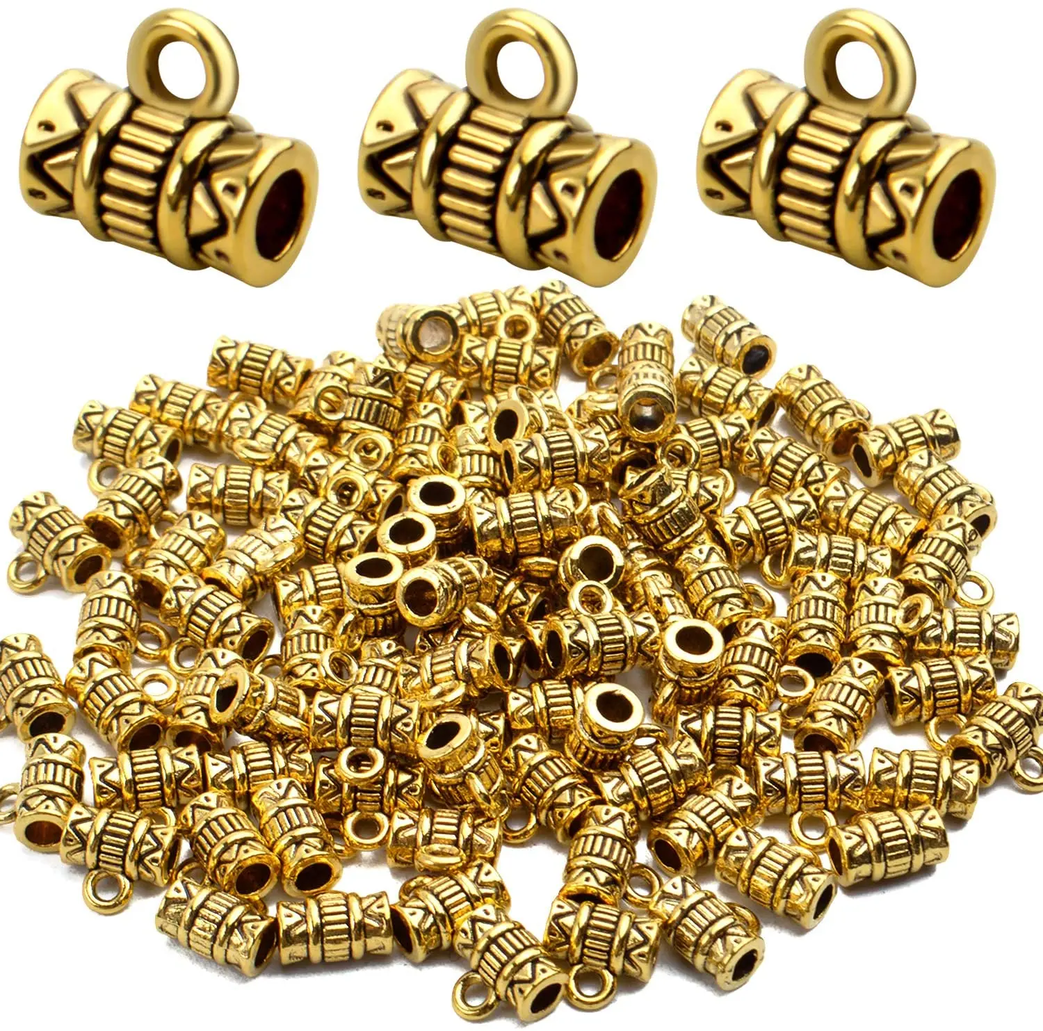 

100pcs Bails Beads, Tibetan Big Hole Bail Tube Bead Loose Spacer Beads Hanger Connector for European Charm Bracelet,Antique Gold