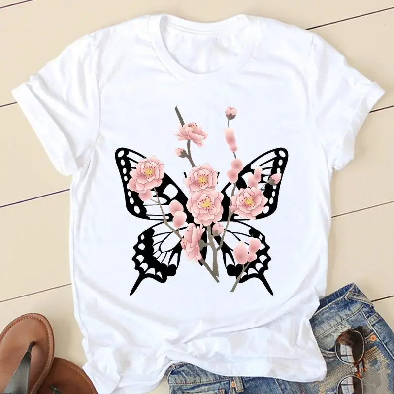 

Women Floral Butterfly Fashion Lady Graphic Top T-shirts Female T Cartoon 90s Lovely Cute Clothes Short Sleeve Casual Tshirt Tee