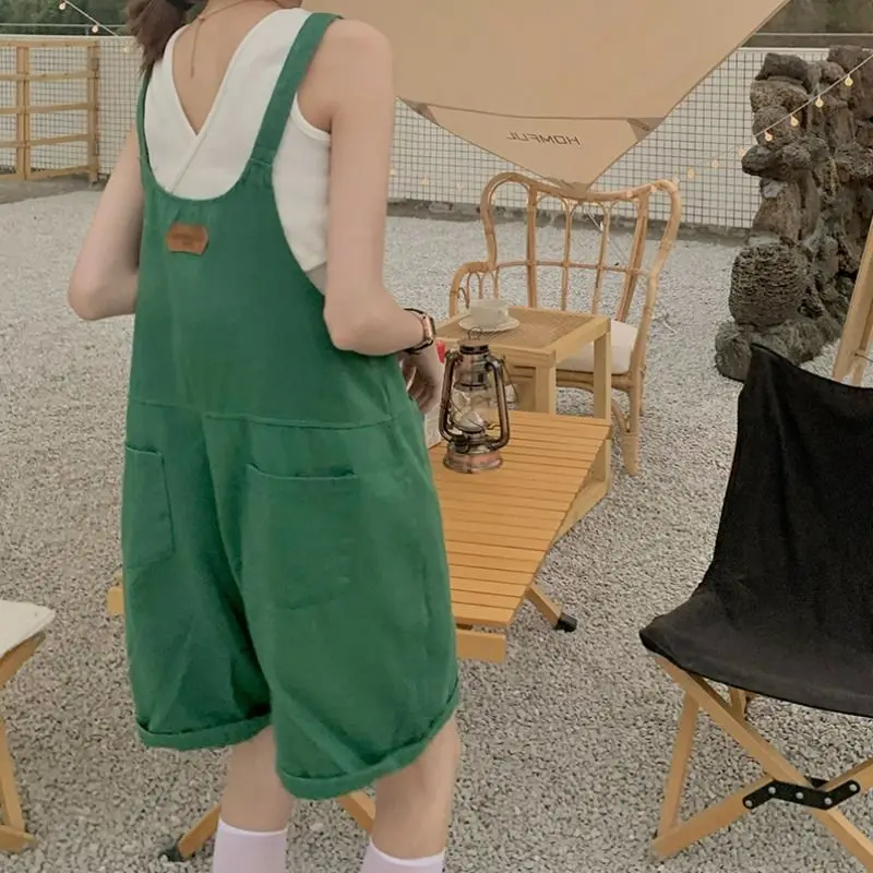 

Women Sets White Sleeveless Tanks and Green Overalls Rompers Loose Wide Leg Summer Vintage Korean Style Fashion Retro Chic Suits