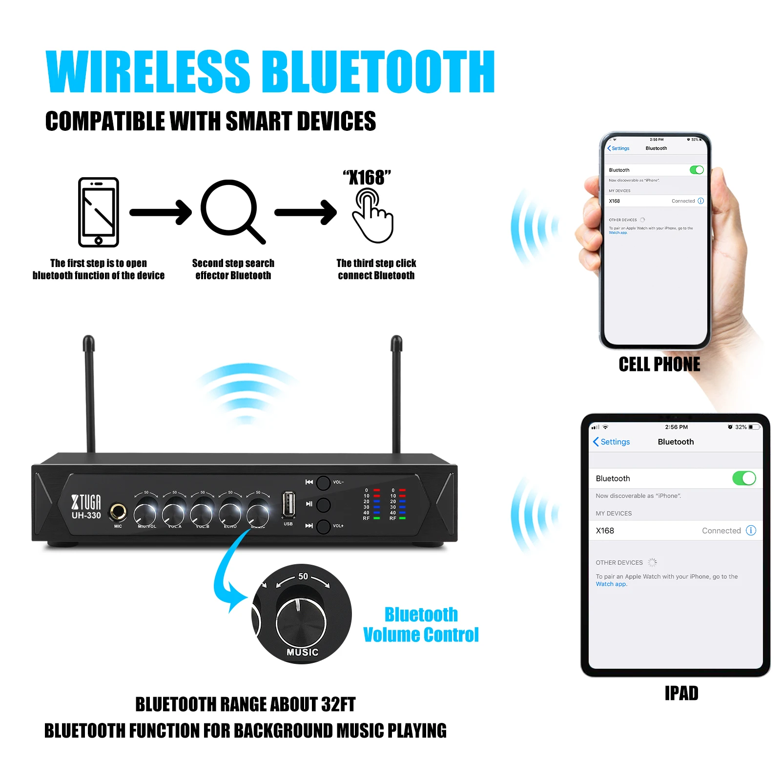 XTUGA UH330 перезаряжаемый беспроводной ручной микрофон с эффектом эха Bluetooth